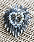 Vintage Brooch Silver Heart Hematite & Rhinestone 2.25" Costume Jewelry