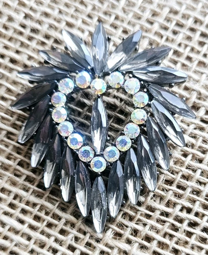 Vintage Brooch Silver Heart Hematite & Rhinestone 2.25" Costume Jewelry