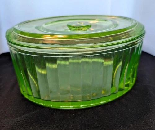 Vintage Uranium? Green Depression Glass Oval Refrigerator Dish with Lid 8" x 6"