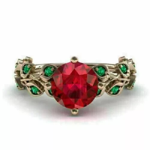 2CT Round Lab Ruby & Emerald Leaf Ring in 14K Gold Plated