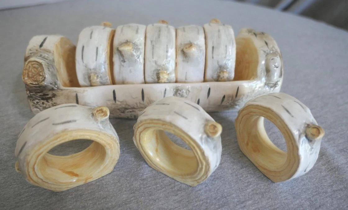 8 Dept 56 Ceramic Fall Birch Bark Wood Tree Napkin Rings Cracker