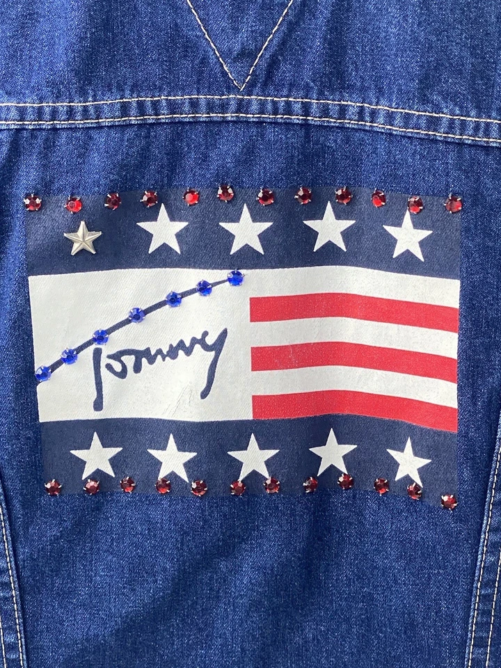 Chaqueta De Colección Tommy Hilfiger Jean Denim Bandera Hip Hop Años 90 Y2K Bling Med Foto 4 de 4