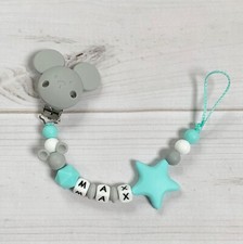 Silikonnuckelkette Pacifier Chain with Name Grey Turquoise White Mouse Stern