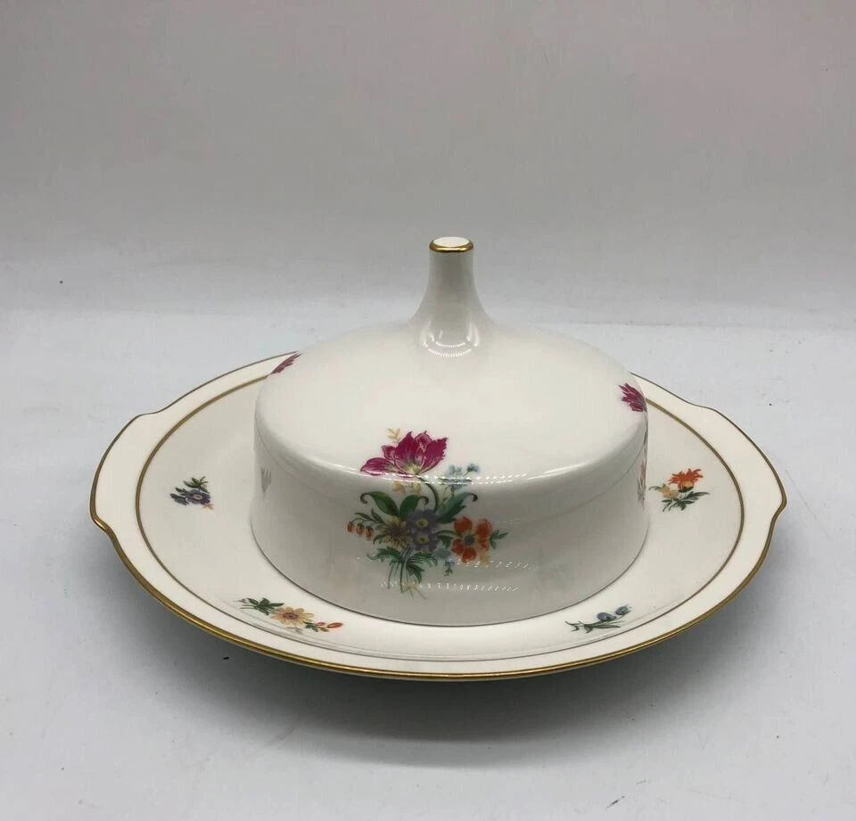 Vintage Butter Dish with Lid Jlmenaul GDR Floral Design Gold Trim Porcelain