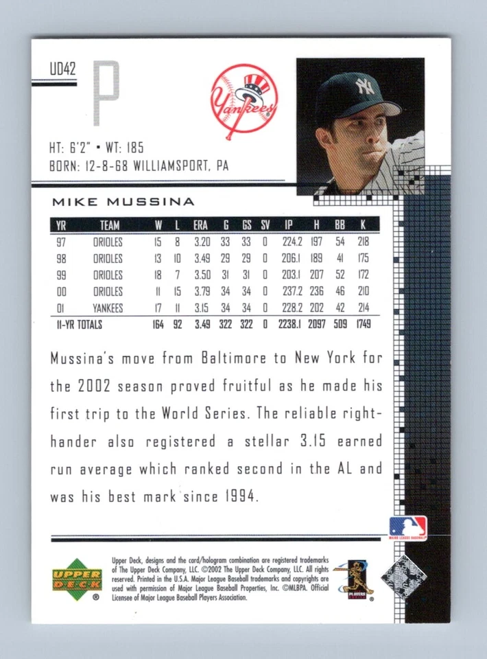2002 Upper Deck UD Plus Hobby UD42 Mike Mussina SN /1125 - Image 2 of 4