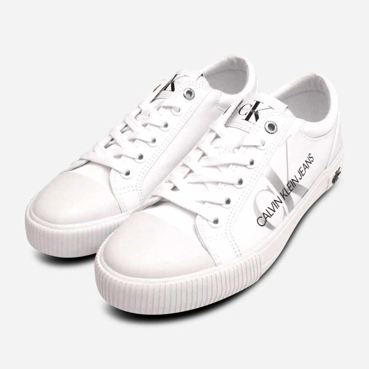 Calvin Klein Mens All White Designer CK Lace Up Shoes