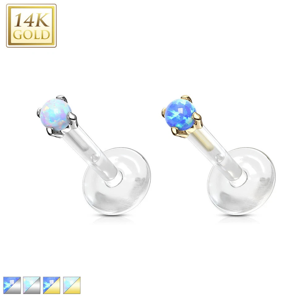 14K Solid Gold Opal Prong Set Bio-Flex Labret Ear Cartilage Helix Piercing 16G - Image 3 of 4
