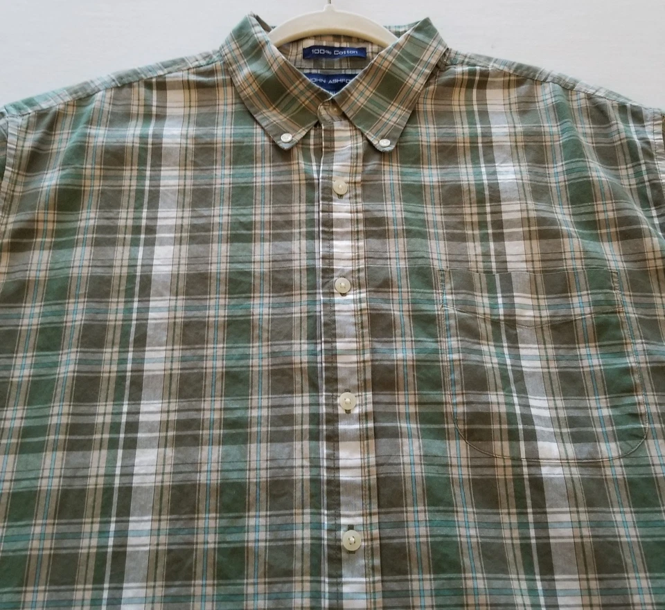 Camisa John Ashford Abotonada Hombre Extra Grande Verde Marrón Azul Cuadros Manga Corta Foto 2 de 4