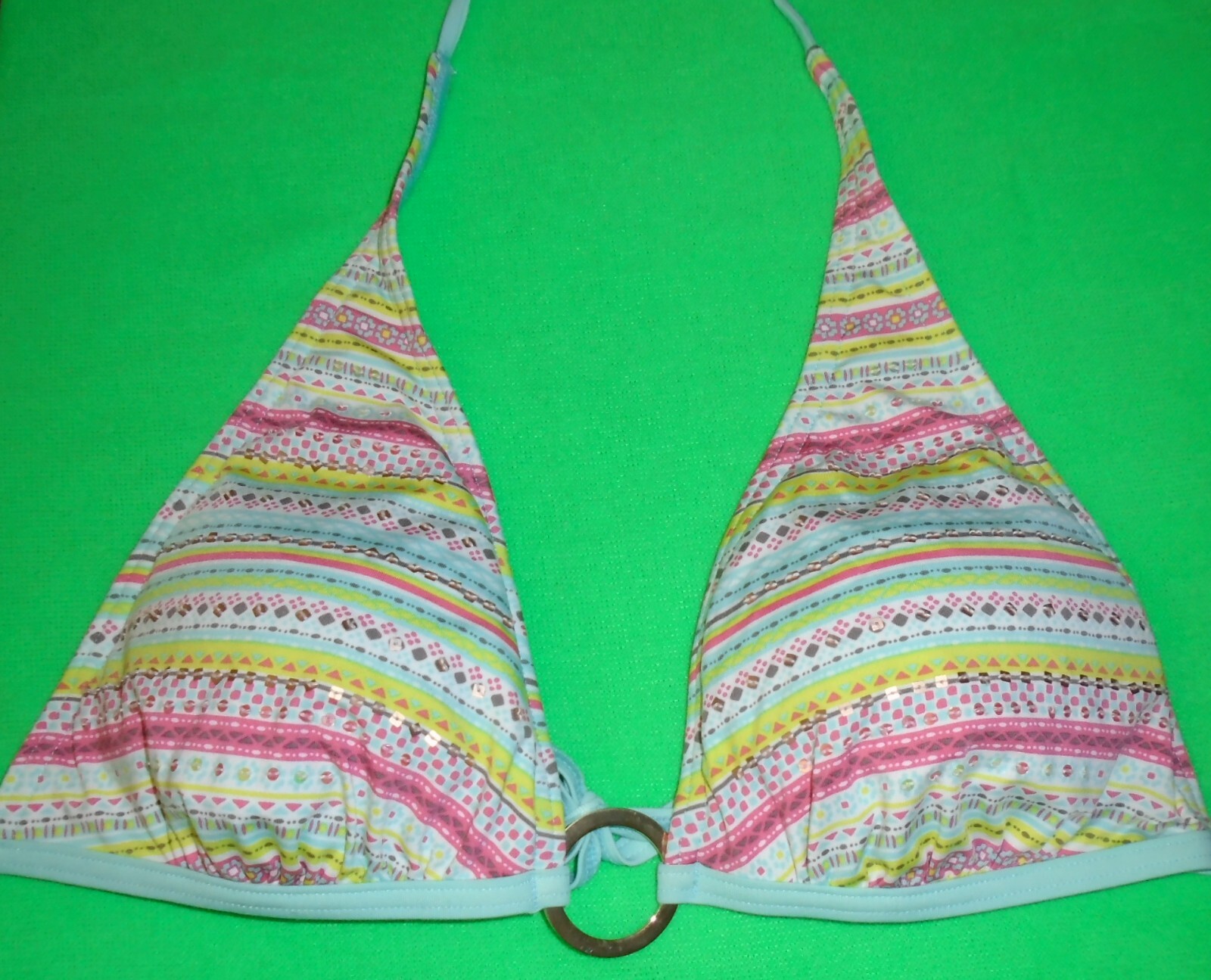M&S Marks & Spencer Striped Bikini Top aqua lime beaded halterneck Size