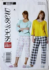 See & Sew 5517 Yes It's Easy Misses Pajamas Tops Pants Pattern Sz XS-S-M