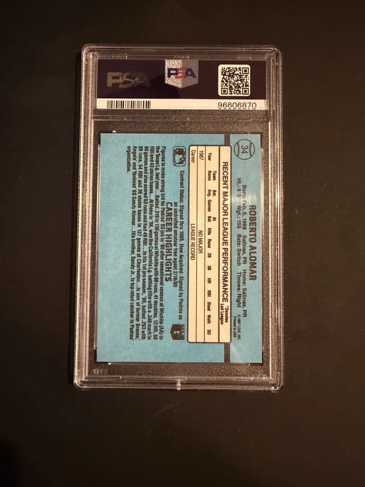 1988 Donruss Hall Of Fame Roberto Alomar Graded Rookie Card RC #34 - Image 2 of 2