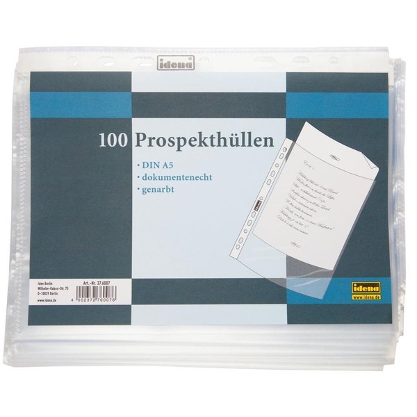 Idena 376007 - ProspekthüLlen Din A5, 100 StüCk, Genarbt KlarsichthüLlen-image