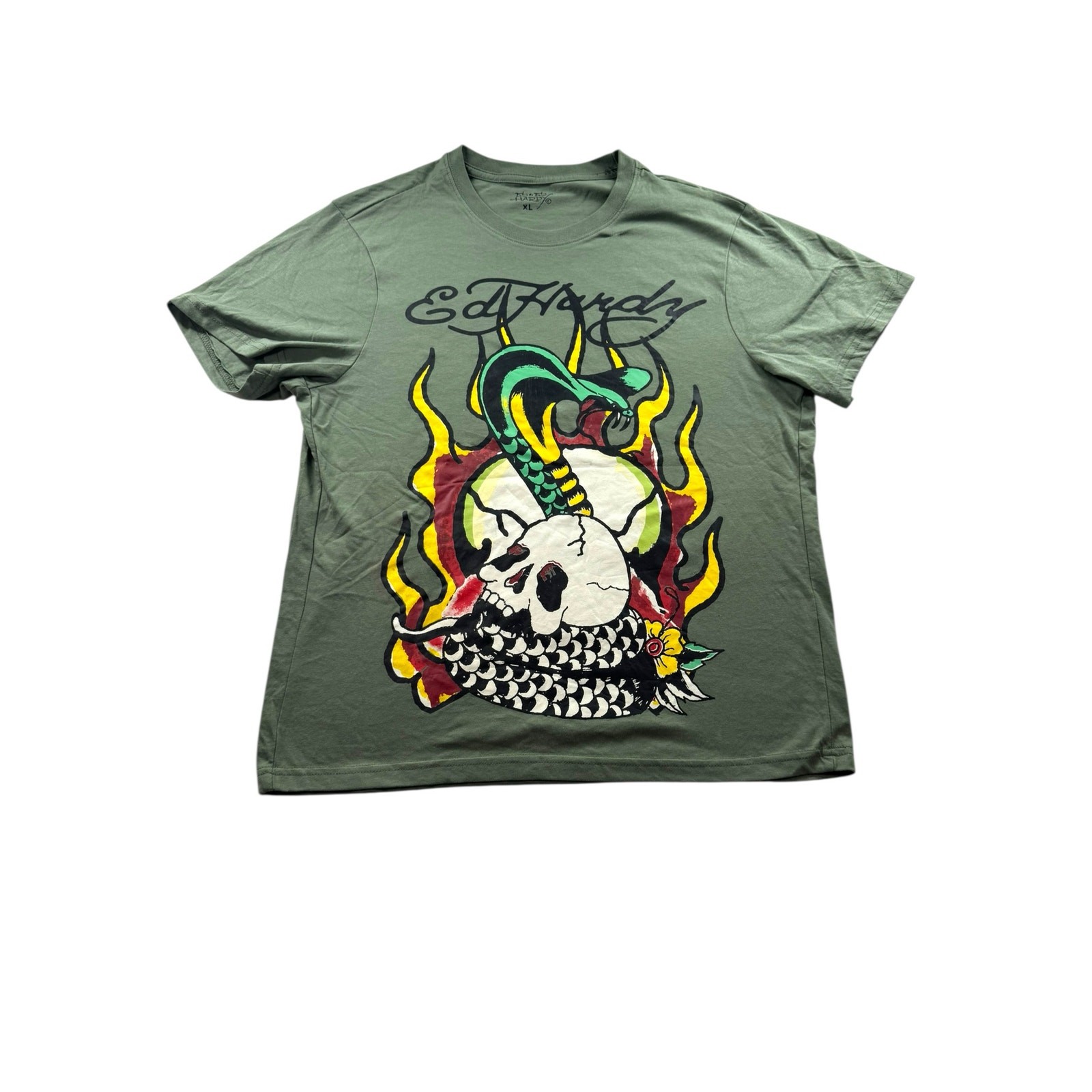 Ed Hardy Cobra Skull Tattoo Graphic T Shirt Mens XL Green Grunge Y2K Top