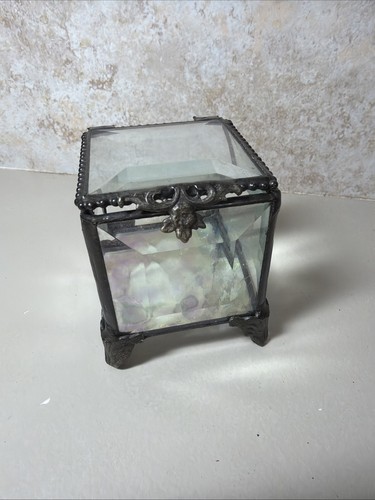 Vintage Style Built Beveled Glass Trinket Jewelry Box Footed Iridescent Metal 3"