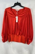 Trina Turk Women's Red Corrine Silk Blend Surplice Puff Sleeve Top Size M NWT
