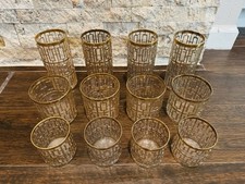 Vintage MCM Imperial Glass Shoji Trellis 22 kt Gold 12 Bar Glasses in 3 Sizes