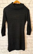 Nine West Size M Black Metallic Knit Cowl Neck 3/4 Sleeve Sweater Dress