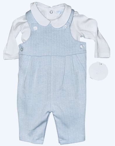 EDGEHILL COLLECTION Boys White Long Sleeved Blue Chevron Overalls Romper Newborn