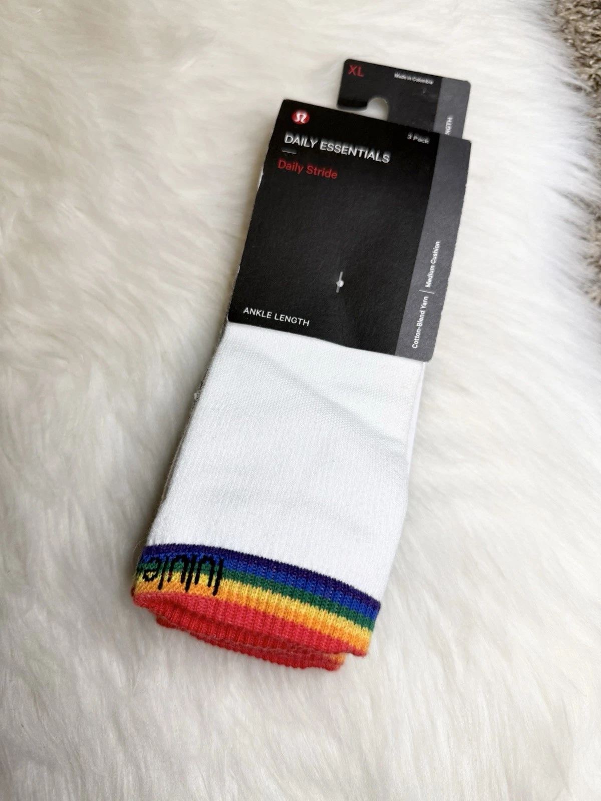 3 Pack Lululemon Daily Stride Ankle Socks Rainbow WHT/HTRG/BLK Size XL New