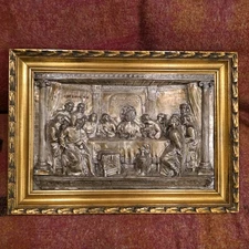 21x29 Antique 1970s Metal Bas Relief of the Last Supper Made in Spain