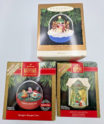 3 Hallmark Keepsake Ornament 1 x Magic Light and 2 x Motion, dancing reindeer+