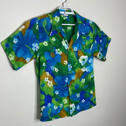 Vtg HAWAIIAN Button Up Shirt Men's M 60's 70s Green Blue Aloha Flower Hibiscus - Picture 5 of 10