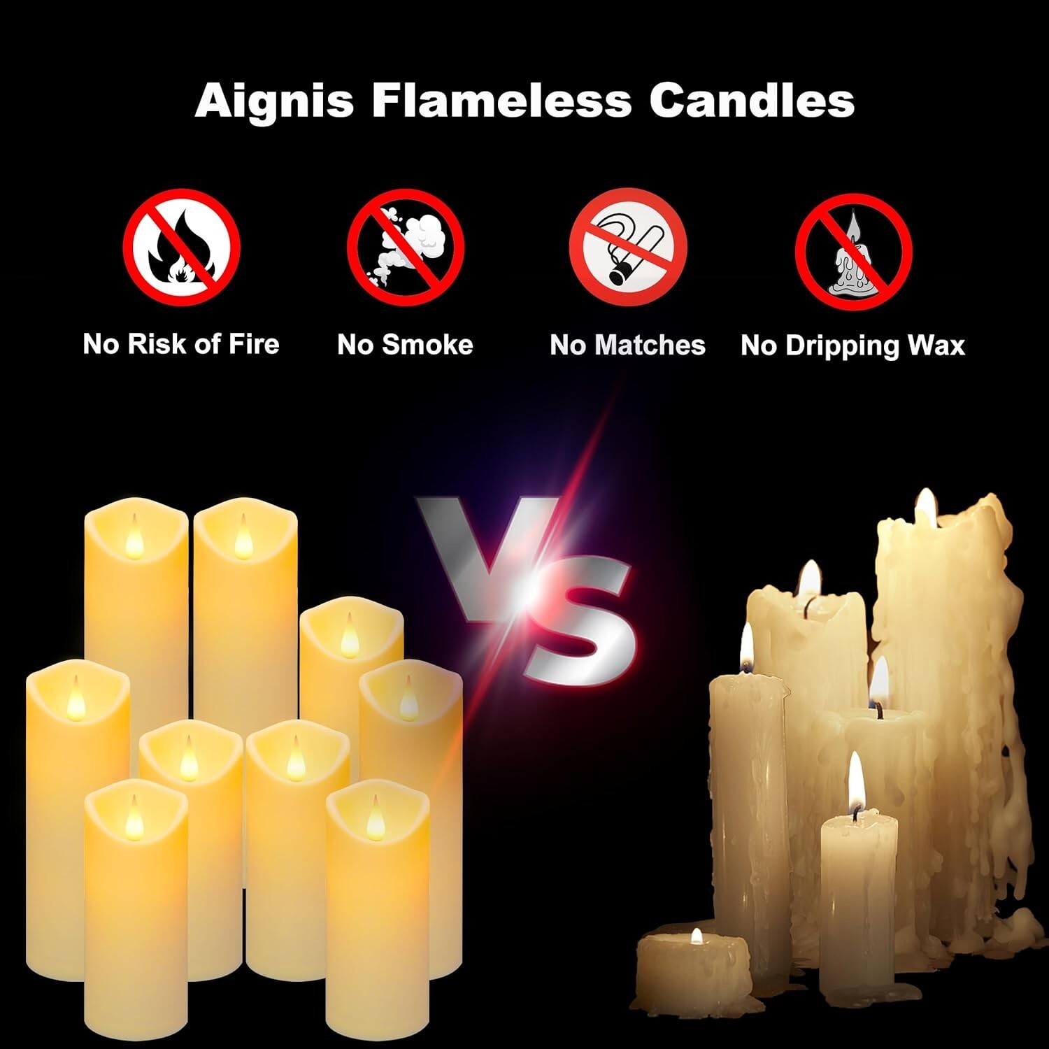 Aignis Flickering Flameless Candles with 10Key Remote Timer, Set of 9