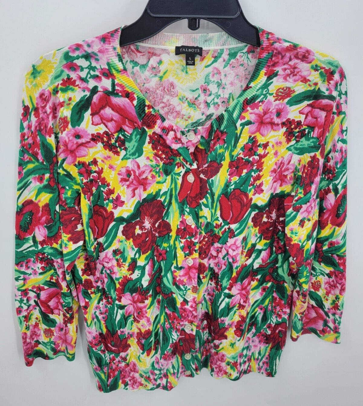 Talbots Womens Large Floral Cotton Cardigan Sweater Button Front Artsy Design-image