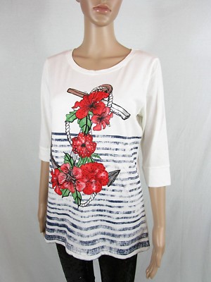 Designer Womens Retro Floral Stripe Ivory Crew Neck 3/4 Sleeve Blouse sz XL AS61