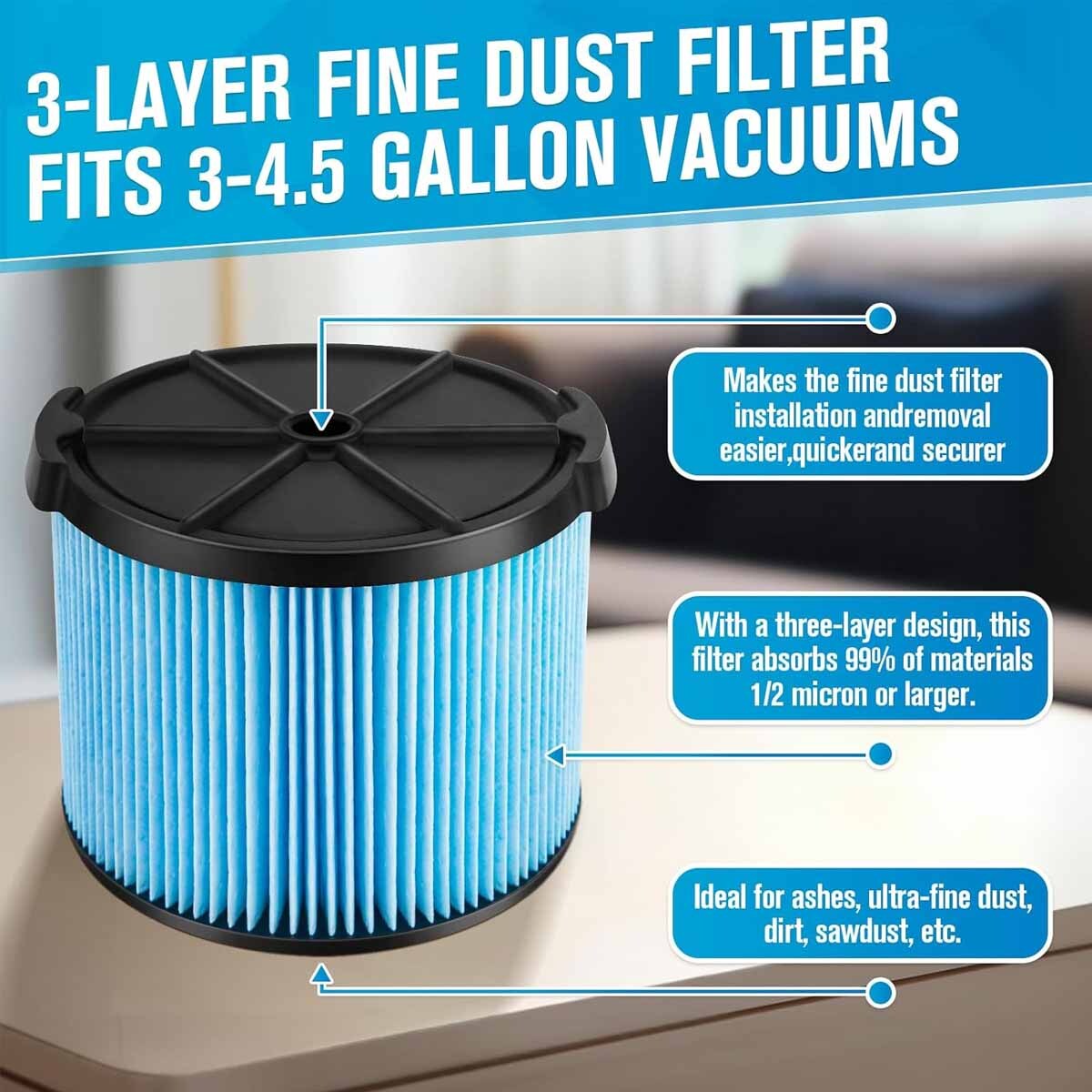 QBGKSFHG Compatible for avec Ridgid 26643 VF3500. Filtre À Vide Portable À 3 Couches De 4 Gallons for WD4050 Pro-Vac
