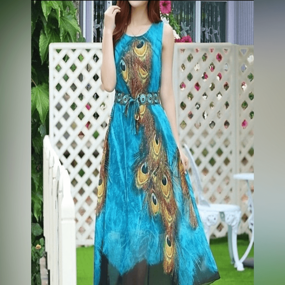 white christmas dresses Sexy Deep V Neck Peacock Print Beach Dress Long Sleeve Casual Boho Women Dress main image 1