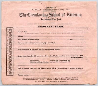 Chautauqua School of Nursing Jamestown, NY c1920's Enrolment Blank Scarce
