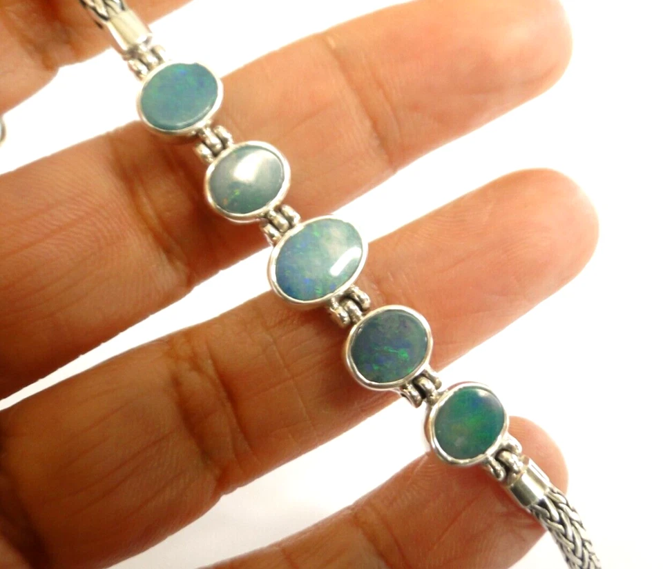 Blue Australian Opal Five Stone 925 Sterling Silver Bracelet - Imagem 3 de 4