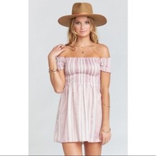 Show Me Your Mumu Mini Dress Off the Shoulder Striped Smocked Boho Pink Size XS