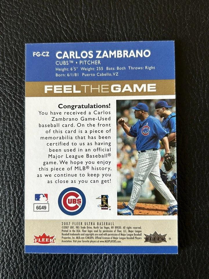 2007 Fleer Ultra Carlos Zambrano Feel The Game Worn Used Patch Relic Cubs - Image 2 of 2