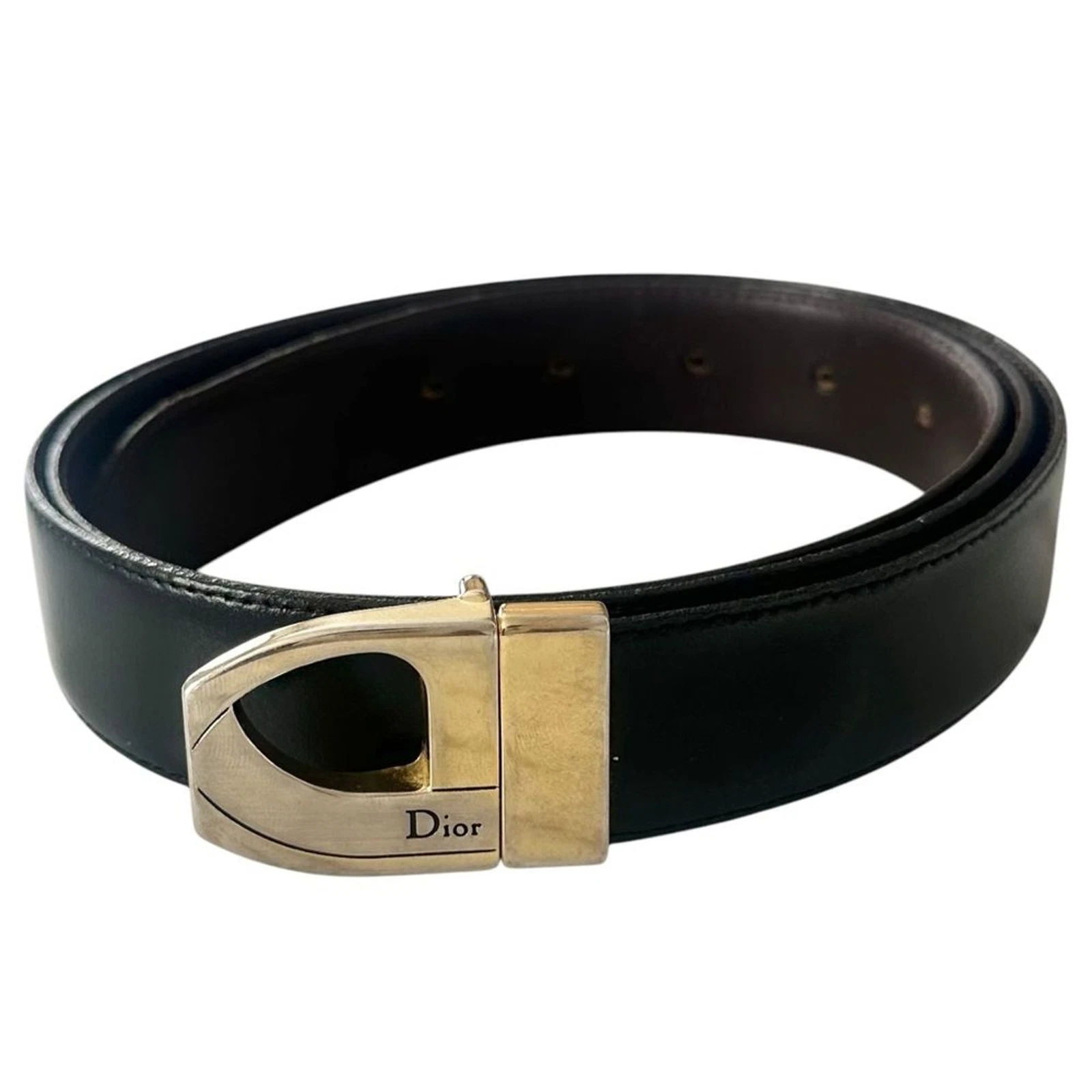 Ceinture homme vintage Christian Dior cuir boucle réversible noir, marron taille 44