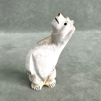Zuni  3.5'' tall ''Bus Stop Bear '' Antler Fetish Inlaid Eyes 1990's Gabe Sice?