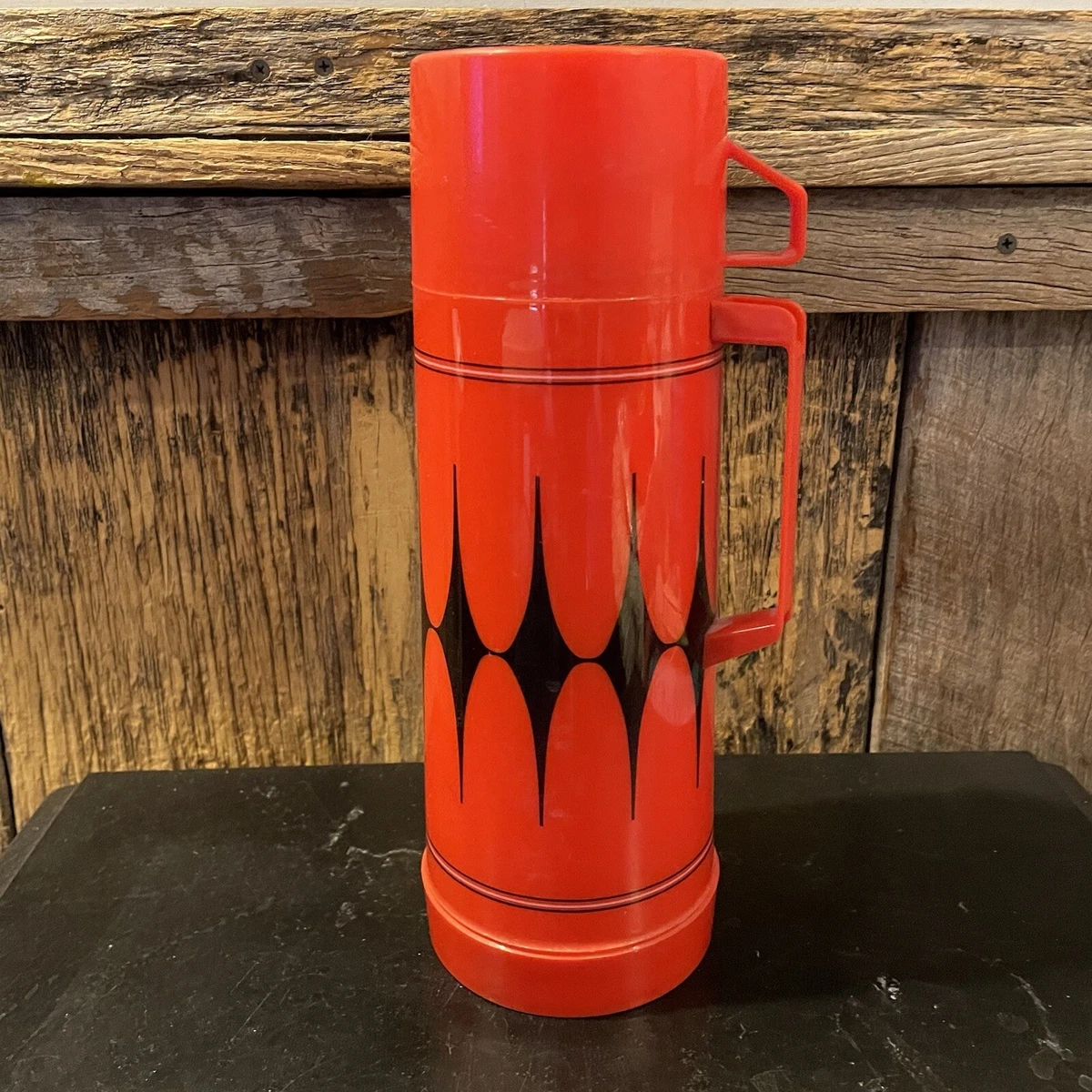 Vintage Aladdin Thermos Quart Bottle Full Handle Red Black Diamond