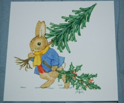 Margaret Tempest: Hase mit Baum - Weihnachtskarte (kleiner grauer Hase) NEU 