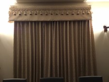 PAIR OF CURTAINS WITH MATCHING PELMET DETAILED WITH GLASS DROPLETS AND TASSELS