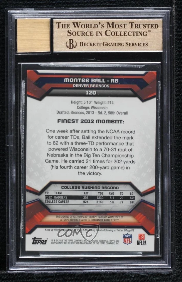 2013 Topps Finest Rookie Blue Refractor /25 Montee Ball BGS 10 PRISTINE Auto RC - Image 2 of 2