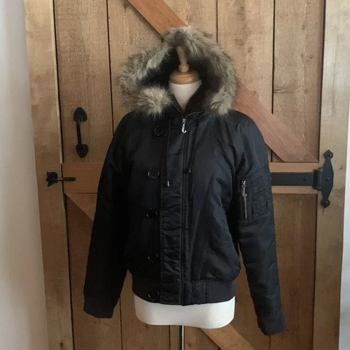 Juicy Couture Womens Winter Jacket Size Large Black Bomber Faux Fur Hood Zip Up