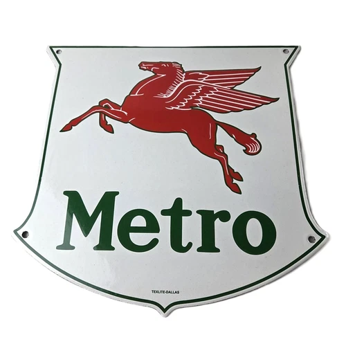 Vintage Mobil Metro Sign - Porcelain Metro Gasoline Pegasus Gas Pump Sign