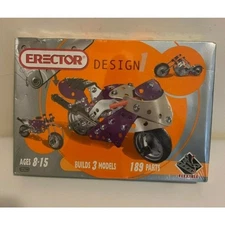 Erector Design Metal Building Set Meccano 3 Models Motorcycle 189 Parts 2003 NEW