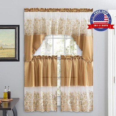 Juego de cenefas y niveles de cortinas de cocina gold, 3 piezas NUEVO 68'' x 59''