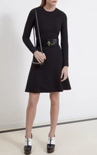 CARVEN BLACK WOOL BLEND TEXTURED FABRIC FIT AND FLARE KNEE DRESS-38