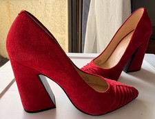 Red Suede Pointed Toe Block Heel Pump Size 5, Nine West WNHARLYN - Excellent