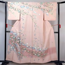 Vintage Japanese Silk Kimono Robe Pink Bokashi Floral Kaga Yuzen