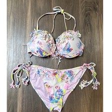 Victoria's Secret Women's Pink Multicolor Fringe Bikini Set Size 36B/Medium Y2K