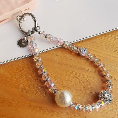 Womens Crystal Pearl Cell Phone Lanyard Non-Slip Wrist Strap Chain Keychain Gift